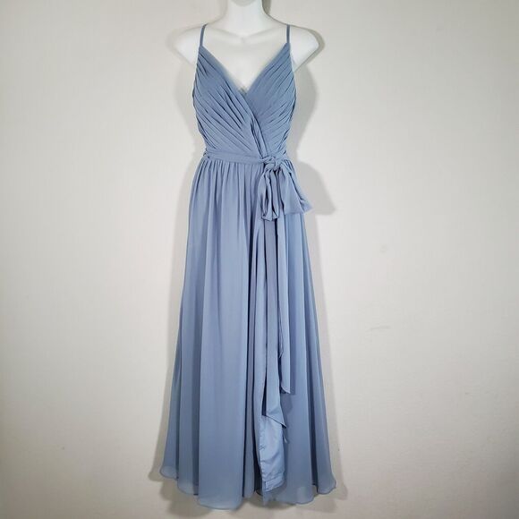 Azazie Gracie Women's Dress Dusty Blue Bridesmaid Wedding Guest Pleated Chiffon - Picture 3 of 15
